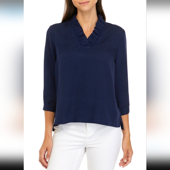 Crown & Ivy NWT Ruffle Neck Blouse XXL Navy - Picture 1 of 10